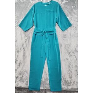 Vintage‎ Frances Henaghan Jumpsuit Womens 8 Teal Blue Silky Tie Belt Long Sleeve